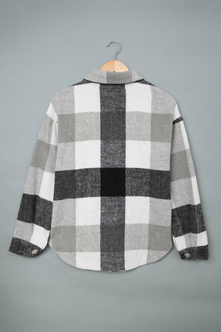 Plaid Color Block stripe Buttoned Long Sleeve Jacket with Pocket