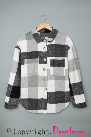 Plaid Color Block stripe Buttoned Long Sleeve Jacket with Pocket