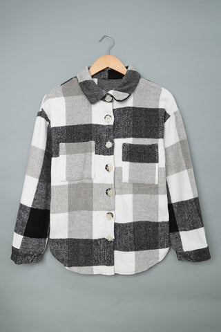 Plaid Color Block stripe Buttoned Long Sleeve Jacket with Pocket