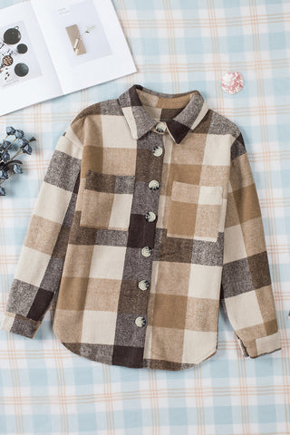 Khaki Plaid Color Block Buttoned Long Sleeve Jacket with Pocket