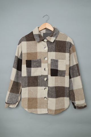 Plaid Color Block stripe Buttoned Long Sleeve Jacket with Pocket