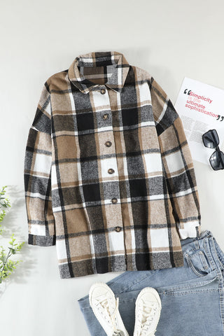 Plaid stripe black tan Buttoned Jacket shacket