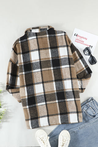 Plaid stripe black tan Buttoned Jacket shacket
