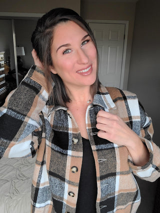 Plaid stripe black tan Buttoned Jacket shacket