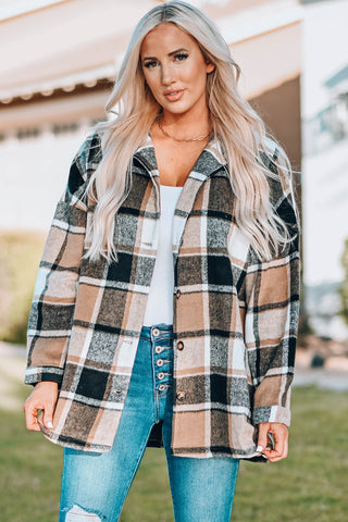 Plaid stripe black tan Buttoned Jacket shacket