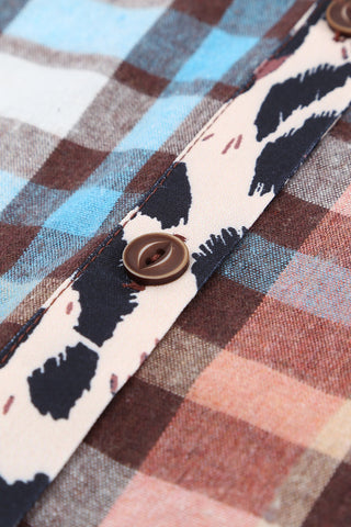 ***clearance ***Multicolor Plaid Leopard Trim Collared Button Up shirt