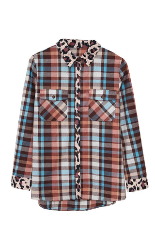 ***clearance ***Multicolor Plaid Leopard Trim Collared Button Up shirt