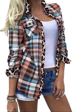 ***clearance ***Multicolor Plaid Leopard Trim Collared Button Up shirt