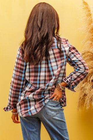 ***clearance ***Multicolor Plaid Leopard Trim Collared Button Up shirt