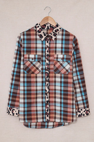 ***clearance ***Multicolor Plaid Leopard Trim Collared Button Up shirt