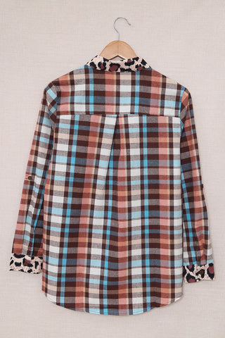 ***clearance ***Multicolor Plaid Leopard Trim Collared Button Up shirt