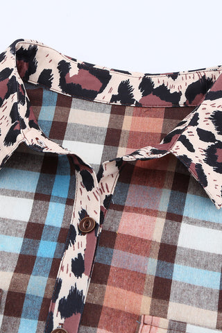 ***clearance ***Multicolor Plaid Leopard Trim Collared Button Up shirt