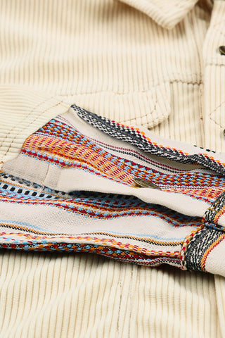 Beige Button Up Pockets Striped Color Block Corduroy Jacket
