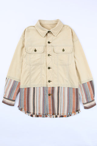 Beige Button Up Pockets Striped Color Block Corduroy Jacket
