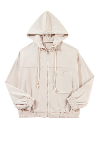 White Corduroy Drawstring Hooded Pocket Zip Up Jacket