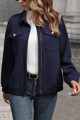 Navy Blue Solid Color Zip Up Button Flap Pocket Shirt Collar Jackets