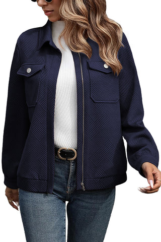 Navy Blue Solid Color Zip Up Button Flap Pocket Shirt Collar Jackets