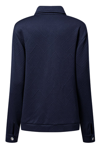 Navy Blue Solid Color Zip Up Button Flap Pocket Shirt Collar Jackets