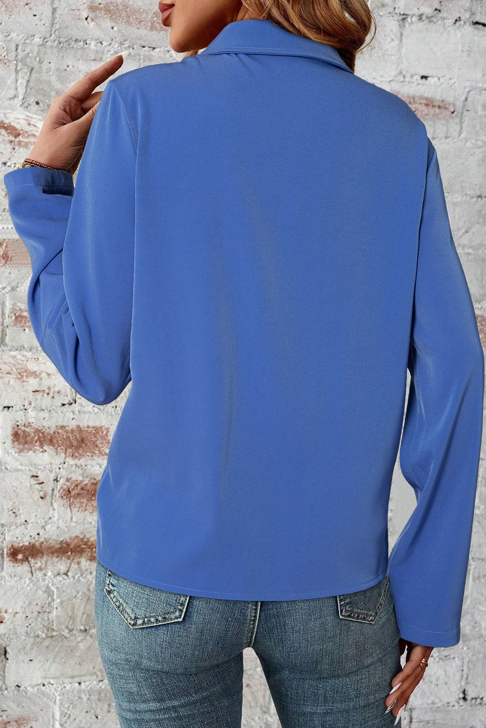 Dusk Blue Collar Tab Sleeve Zip Up Jacket