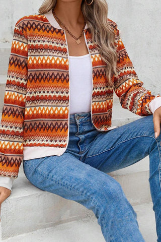 ***CLEARANCE*** Orange Boho Striped Zip Up Long Sleeve Jacket