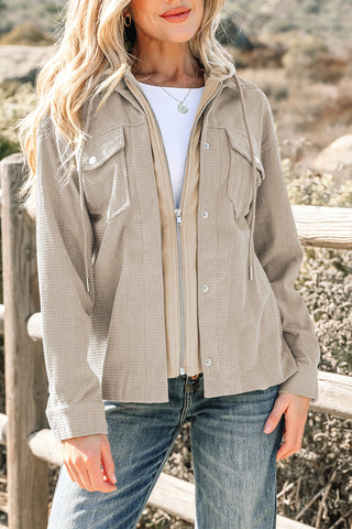 Beige Solid Color Textured Patchwork Flap Pocket Shacket