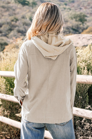 Beige Solid Color Textured Patchwork Flap Pocket Shacket