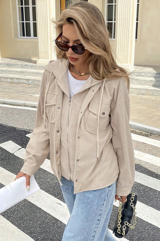 Beige Solid Color Textured Patchwork Flap Pocket Shacket