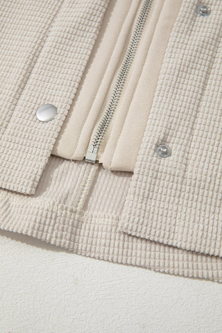 Beige Solid Color Textured Patchwork Flap Pocket Shacket
