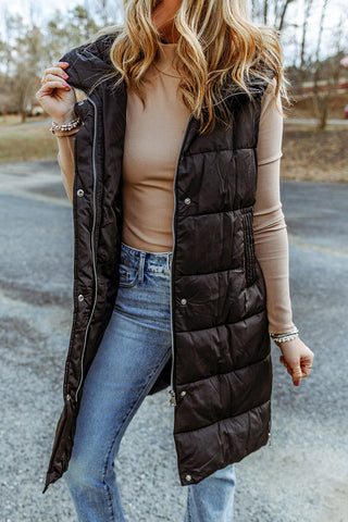 ***CLEARANCE *** Black Hooded Long Quilted Vest Coat