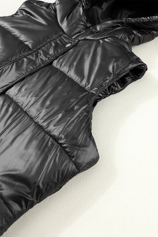 ***CLEARANCE *** Black Hooded Long Quilted Vest Coat