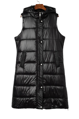 ***CLEARANCE *** Black Hooded Long Quilted Vest Coat