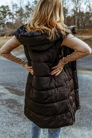 ***CLEARANCE *** Black Hooded Long Quilted Vest Coat