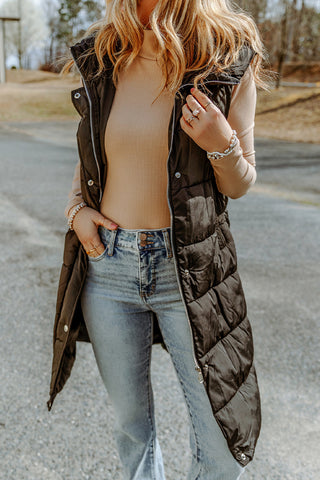***CLEARANCE *** Black Hooded Long Quilted Vest Coat
