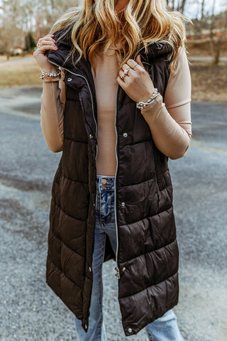 ***CLEARANCE *** Black Hooded Long Quilted Vest Coat