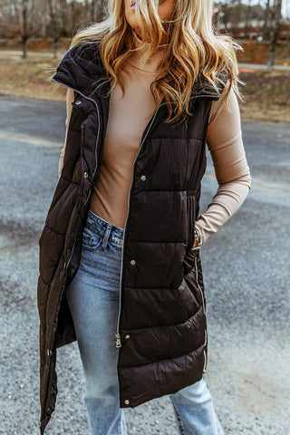 ***CLEARANCE *** Black Hooded Long Quilted Vest Coat