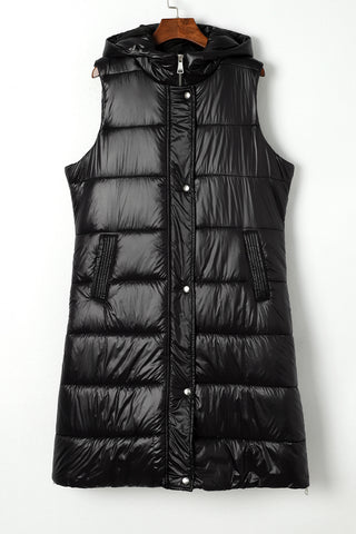 ***CLEARANCE *** Black Hooded Long Quilted Vest Coat