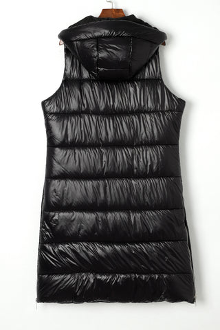 ***CLEARANCE *** Black Hooded Long Quilted Vest Coat
