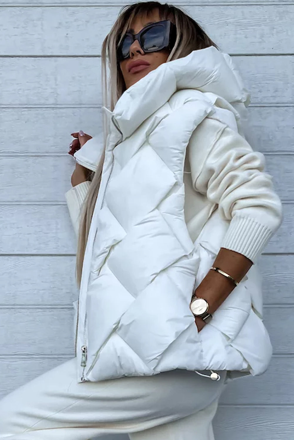 Quilted Zipper Front Thermal Hooded Vest Coat