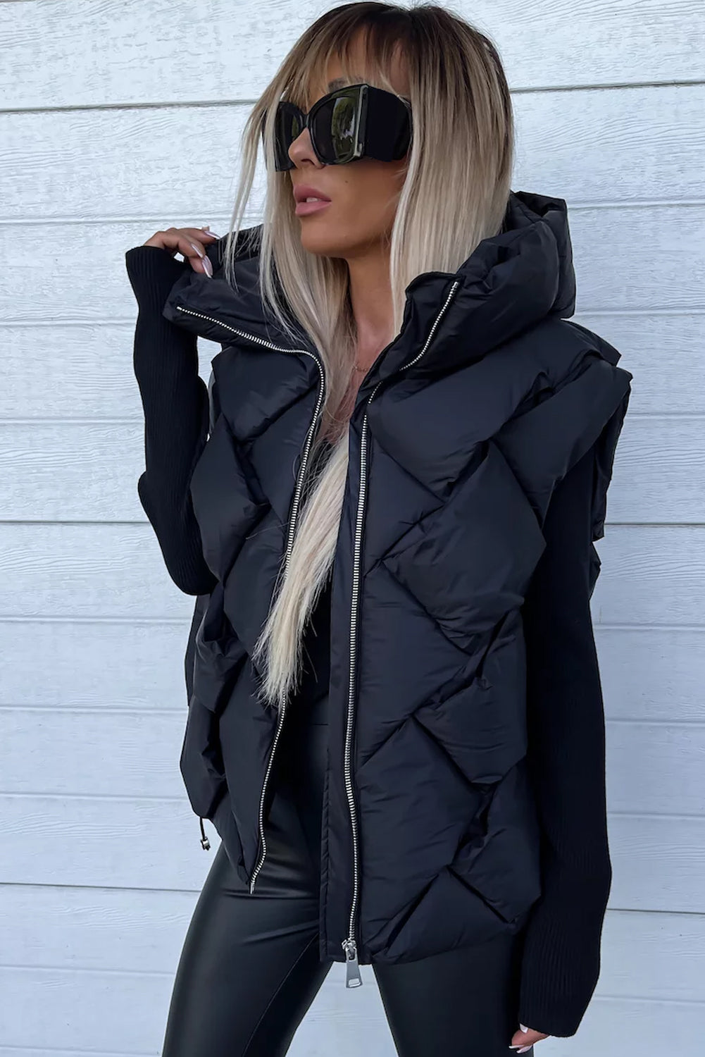 Quilted Zipper Front Thermal Hooded Vest Coat