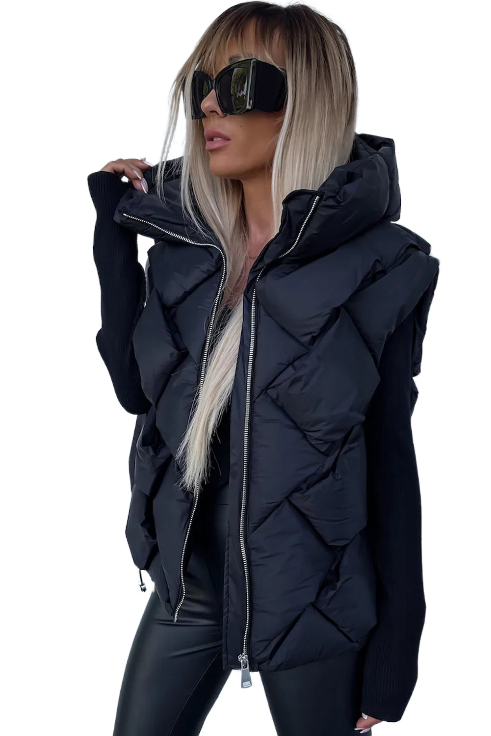 Quilted Zipper Front Thermal Hooded Vest Coat