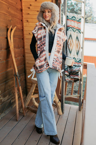 Multicolor Geometric Aztec Print Fleece Metal Button Placket Shift Silhouette Vest