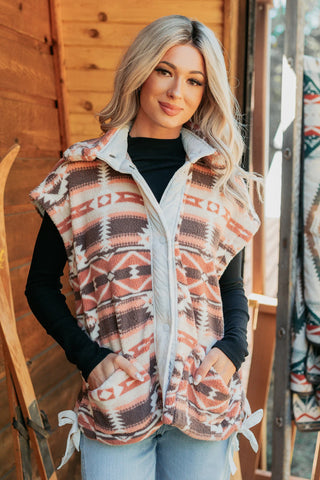 Multicolor Geometric Aztec Print Fleece Metal Button Placket Shift Silhouette Vest