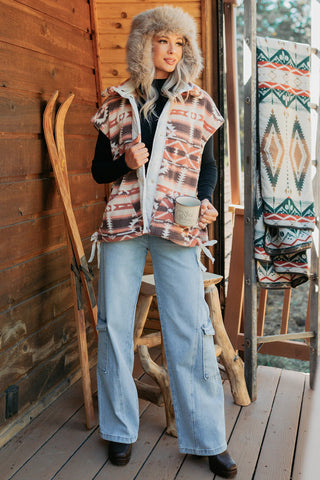 Multicolor Geometric Aztec Print Fleece Metal Button Placket Shift Silhouette Vest