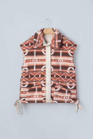 Multicolor Geometric Aztec Print Fleece Metal Button Placket Shift Silhouette Vest