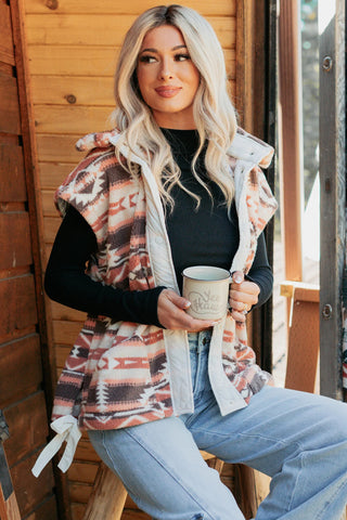 Multicolor Geometric Aztec Print Fleece Metal Button Placket Shift Silhouette Vest