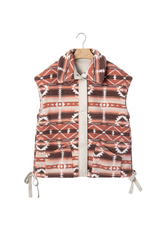 Multicolor Geometric Aztec Print Fleece Metal Button Placket Shift Silhouette Vest