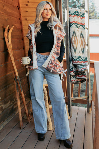 Multicolor Geometric Aztec Print Fleece Metal Button Placket Shift Silhouette Vest