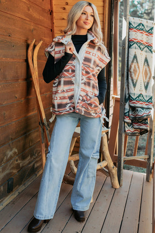 Multicolor Geometric Aztec Print Fleece Metal Button Placket Shift Silhouette Vest