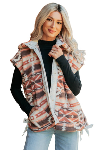 Multicolor Geometric Aztec Print Fleece Metal Button Placket Shift Silhouette Vest