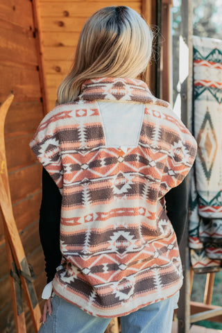 Multicolor Geometric Aztec Print Fleece Metal Button Placket Shift Silhouette Vest